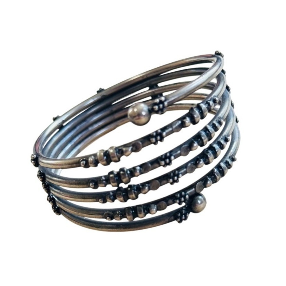 VTG BOHO Coil Bracelet Layered Oxidized Silver Plated Chunky Statement Indie 70s
